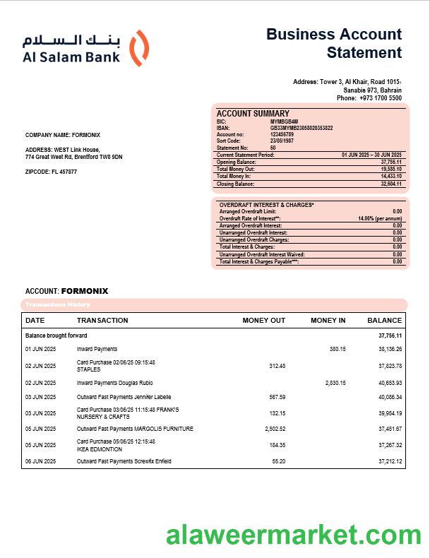 Al Salam firm account statement Word  and PDF format